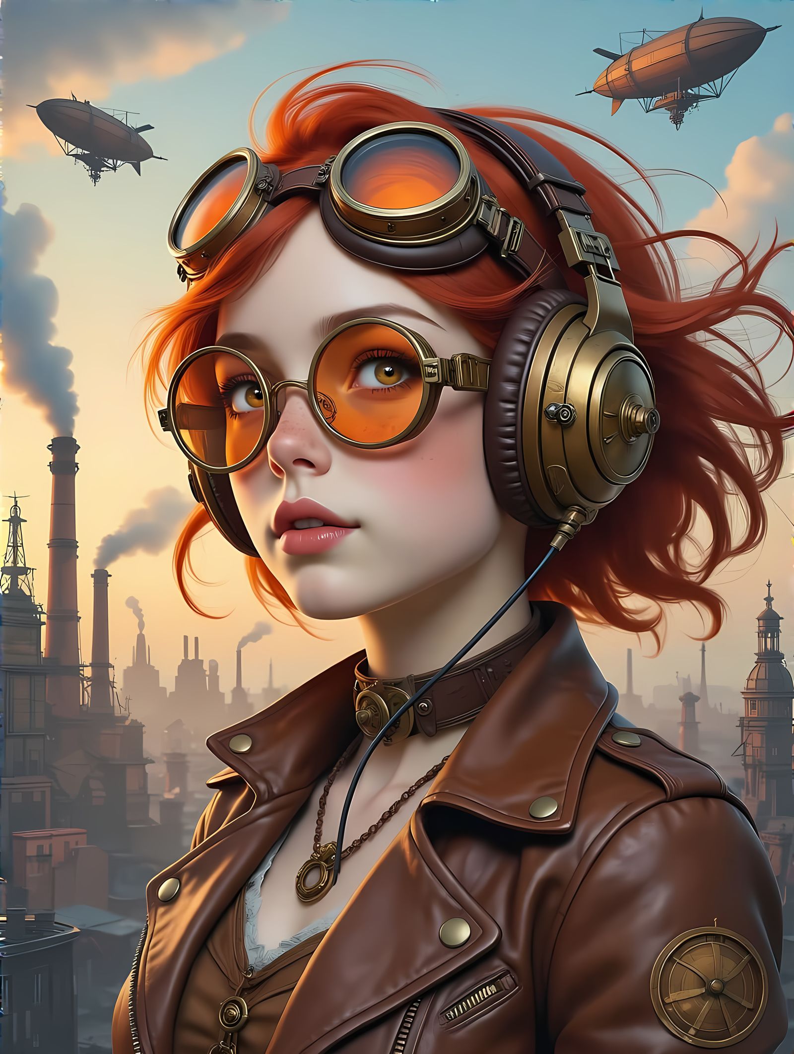 Steampunk Aviator Girl in Vibrant Industrial Cityscape