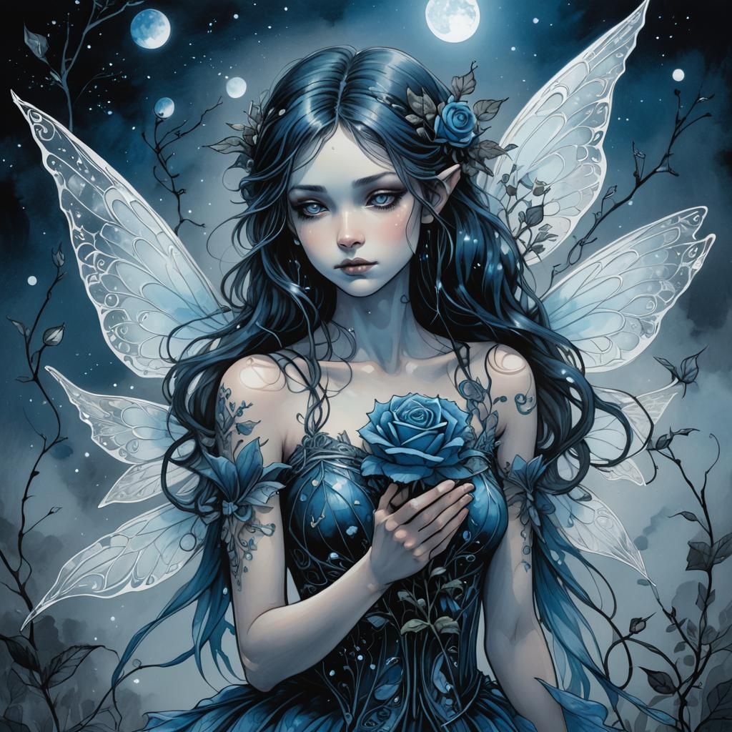 Blue Rose Fairy in Dark Fantasy Illustration