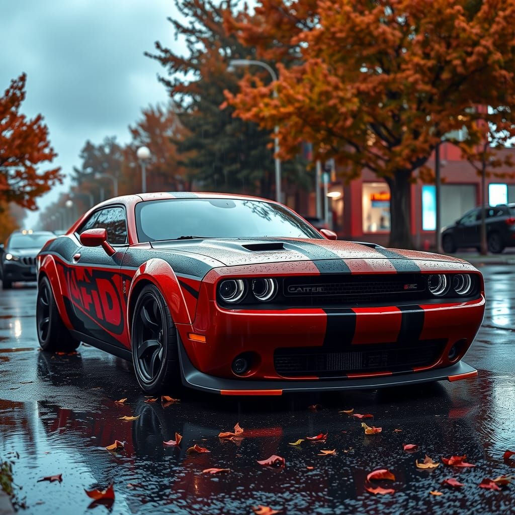 Dodge Challenger Street Art in Autumn Rain