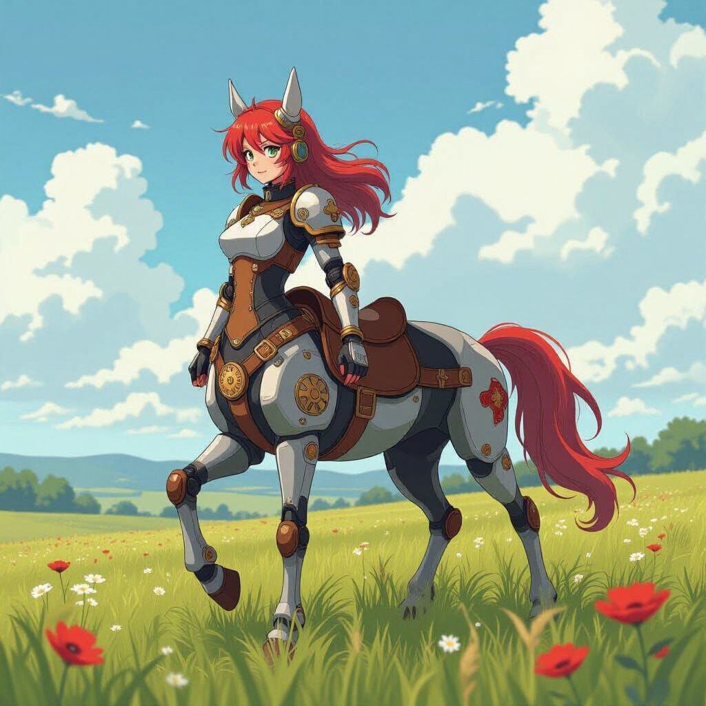 Steampunk Centaur in Meadow, Anime Style