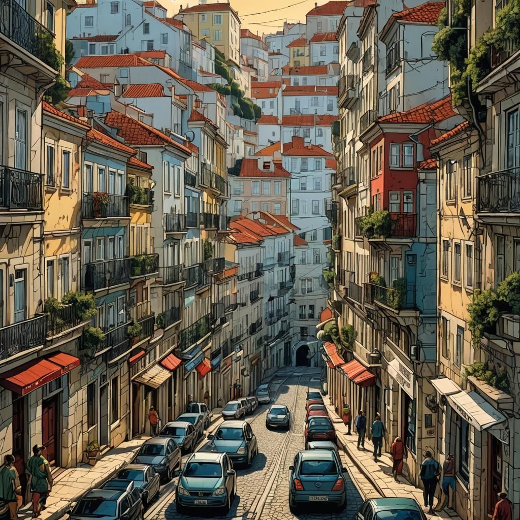 Lisbon Street View in Comic Book Style