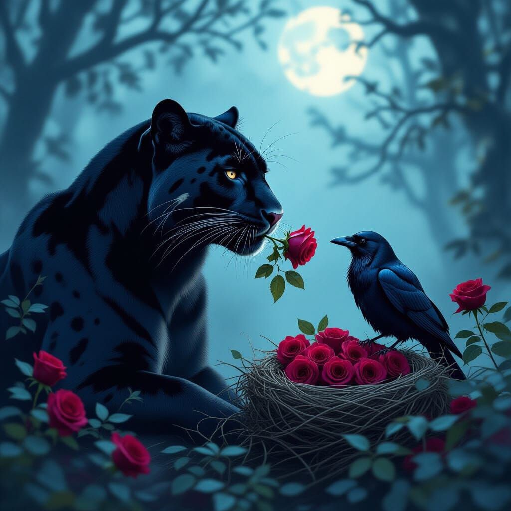 Panther Offering Rose to Raven in Moonlit Forest