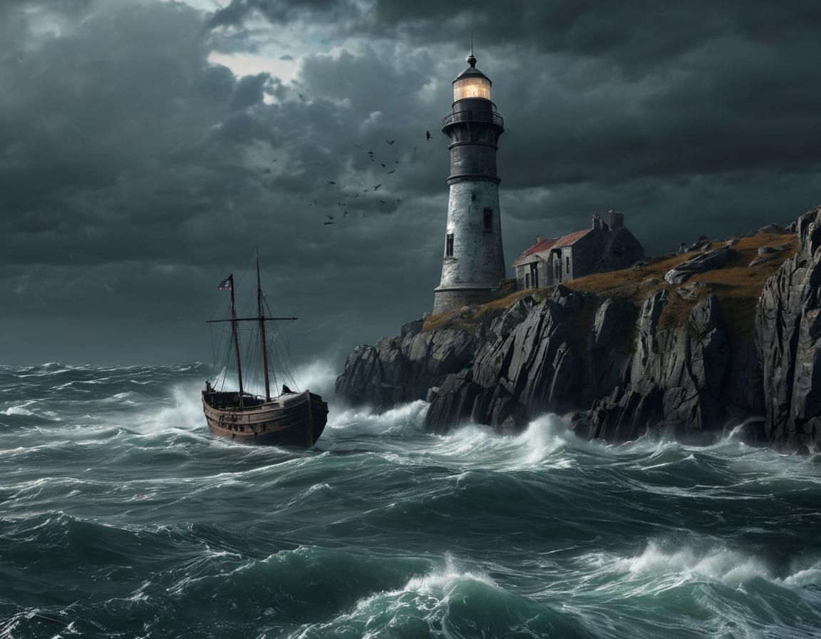Shipwreck Boat Crashing Lighthouse: Atmospheric 3D Render