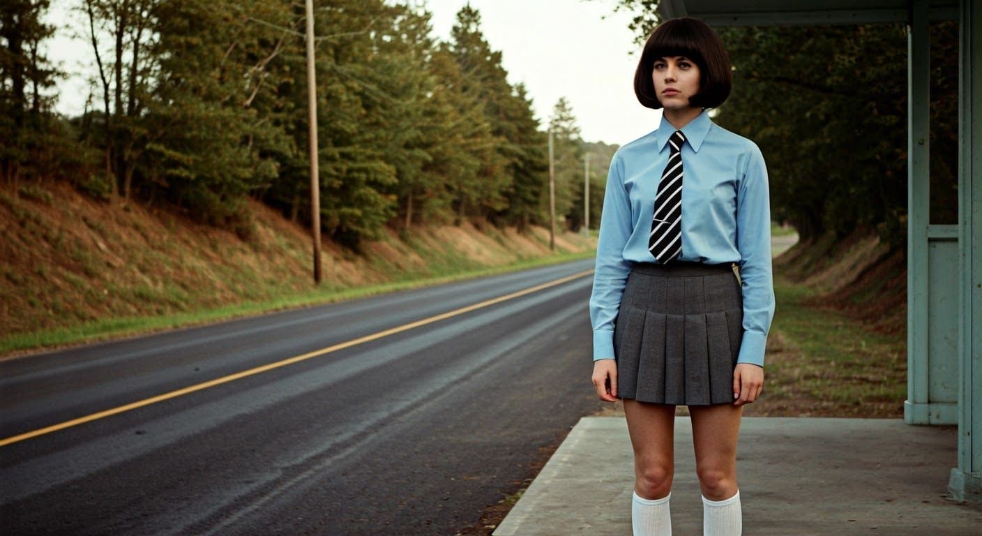 A Woman at a 1970s Rural Bus Stop in Photorealistic Document...