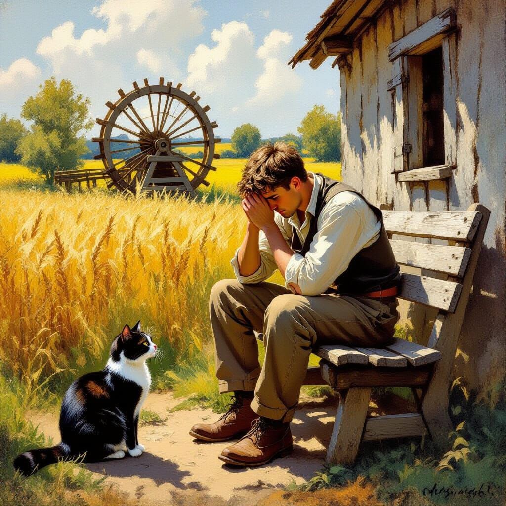 Rustic Mill Scene with Man and Cat in Romantic Style