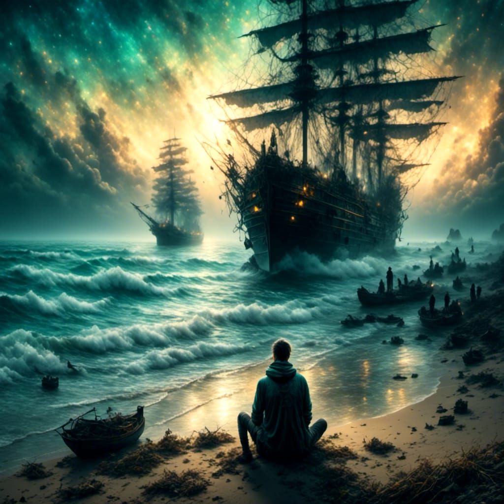Person Contemplates Sailing Ships, Artistic Style