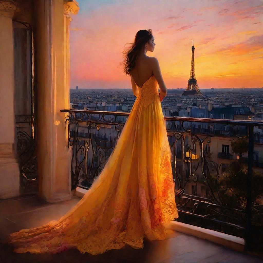 Elegant Parisian Beauty in Golden Sunset Splendor