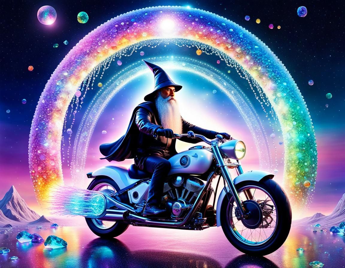 Wizard Rides Motorcycle Through Surreal Dreamscape Portal