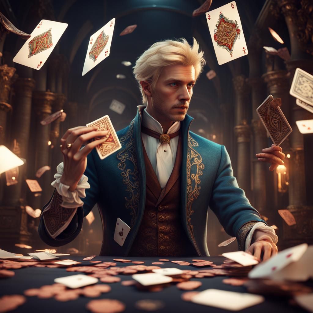 Magical Con Artist with Floating Cards, Detailed Digital Art