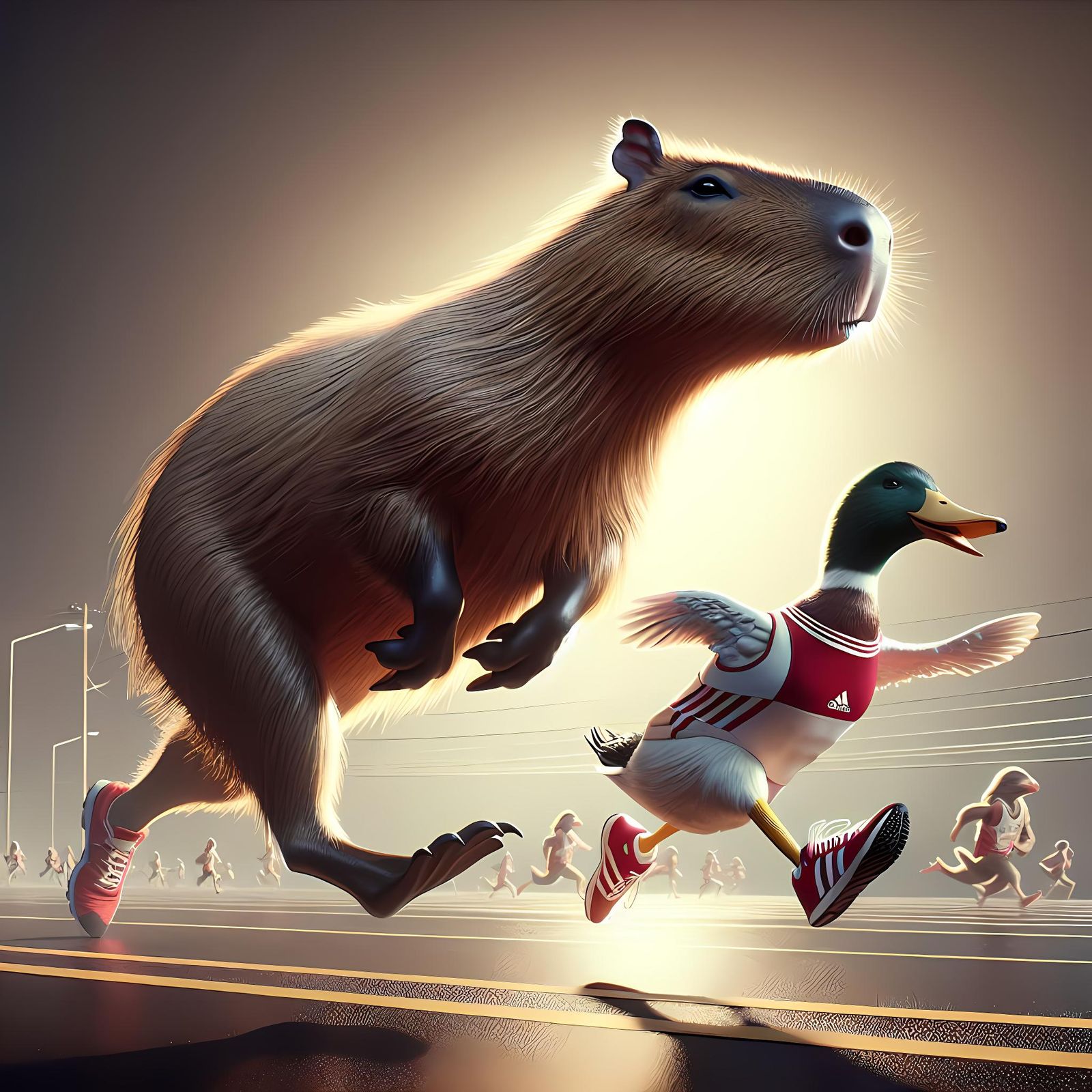 Capybara and Duck Marathon in Sci-Fi Style