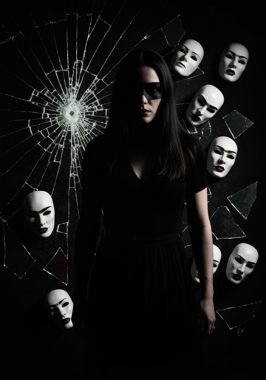 Shadow Figure Amidst Masks in Baroque Style