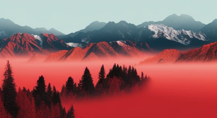 Ancient Chinese Landscape Painting in Red and Black