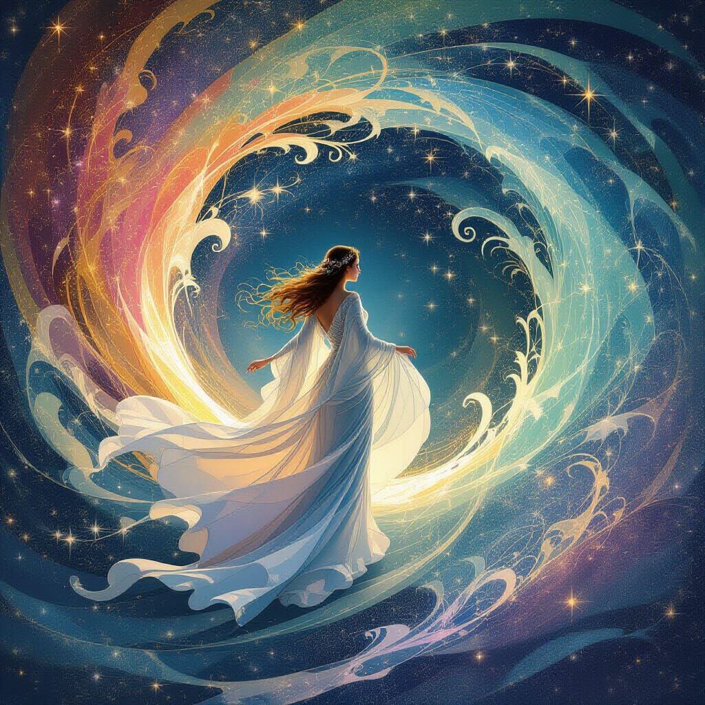 Ethereal Figure Emerges from Cosmic Vortex