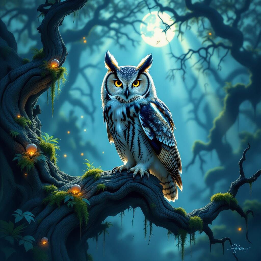 Majestic Bioluminescent Owl in Enchanted Forest
