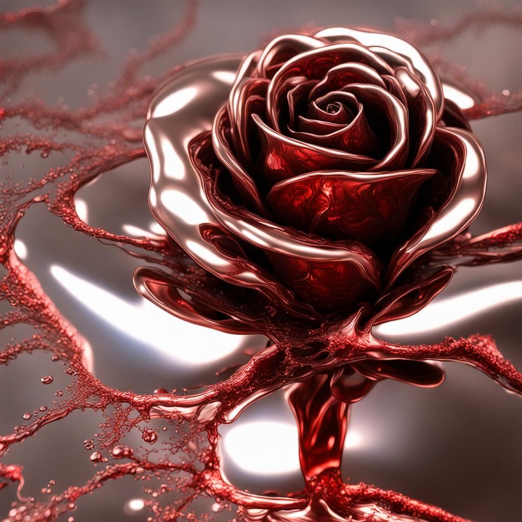 Ferrofluid Chocolate Rose with Metallic Spring, Chrome Surfa...