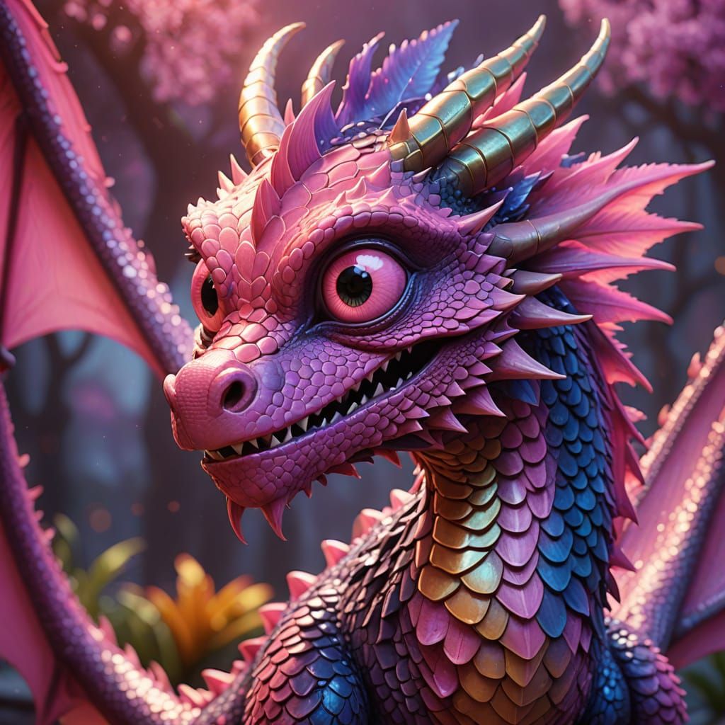 Friendly Pink Dragon with Big Eyes: 3D Digital Art