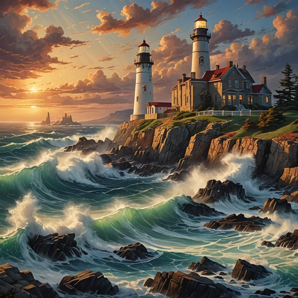 Oceanic Lighthouse on Rugged Coastline in HDR Style