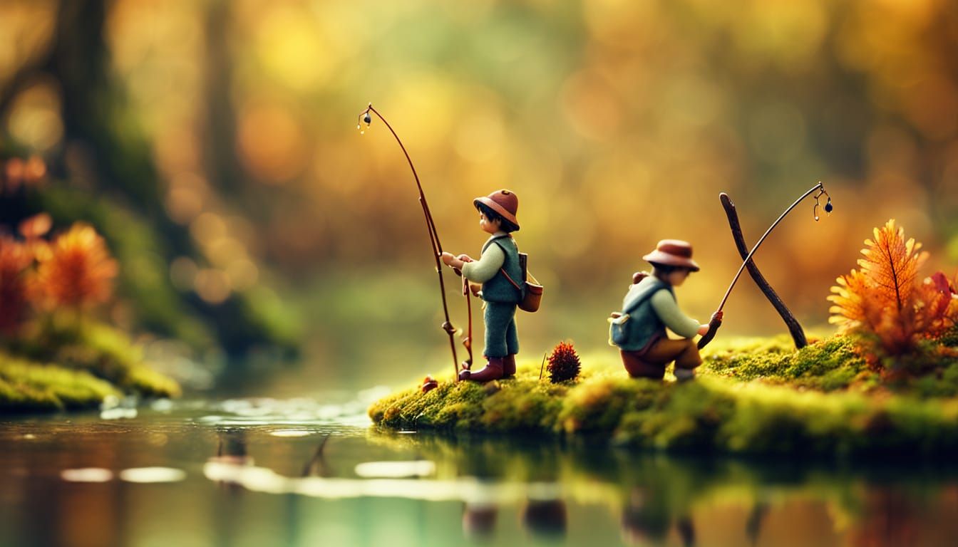 Enchanting Miniature Fishermen in Autumn Forest Digital Art