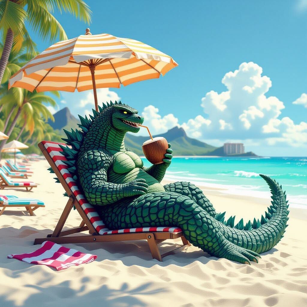 Godzilla Relaxing on Tropical Resort Beach