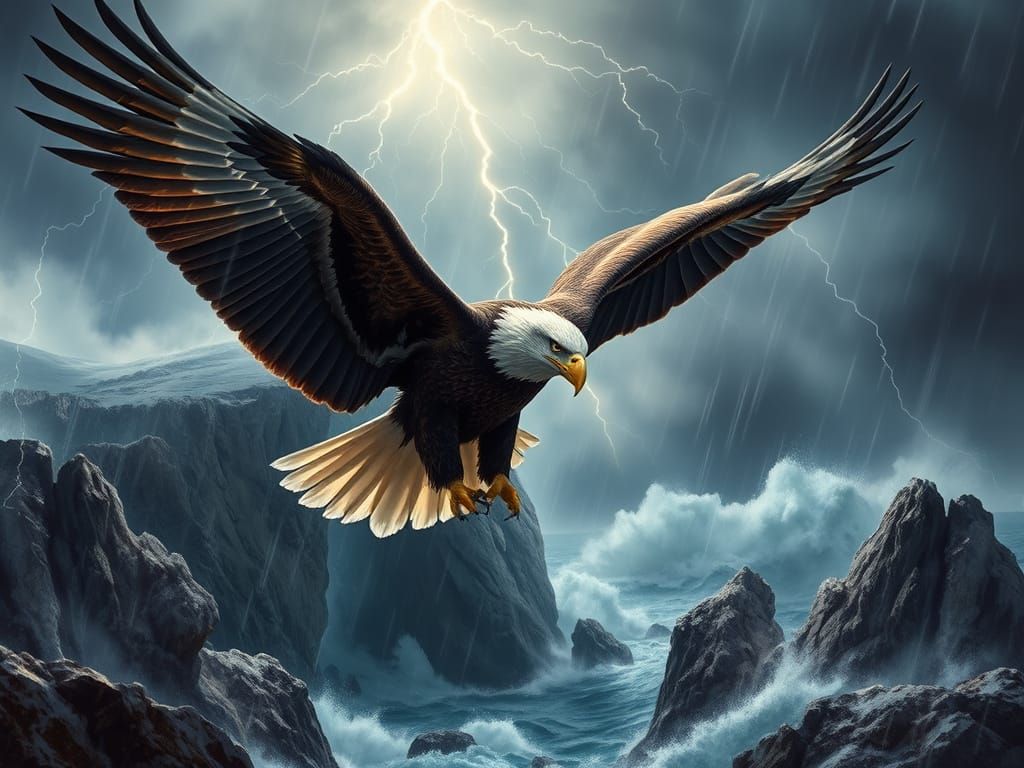 Regal Bald Eagle Soars Through Turbulent Thunderstorm in Pho...