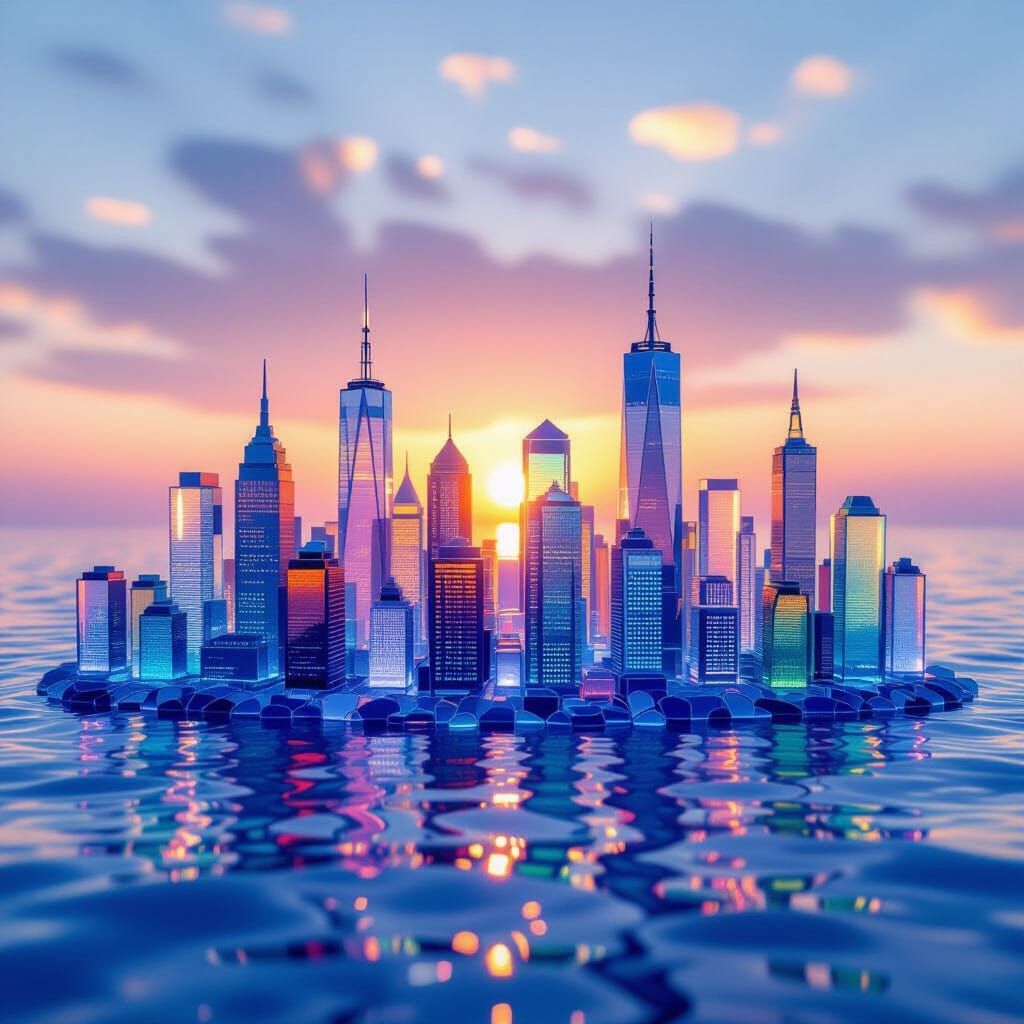 Vibrant Sea Glass Mosaic Cityscape at Sunset