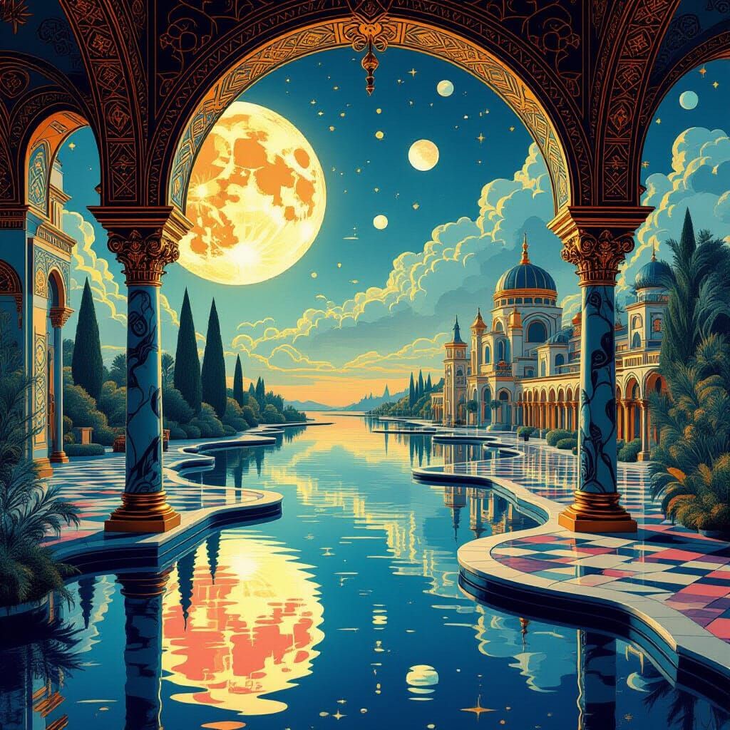 Dreamlike Art Deco Scene with Neon Lights