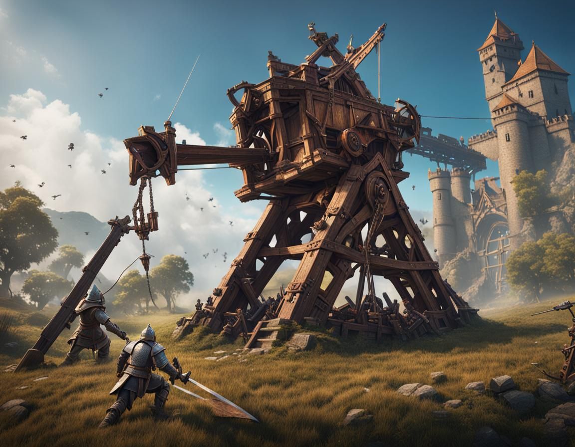 Medieval Trebuchet Attacks Mech in Detailed Matte Painting