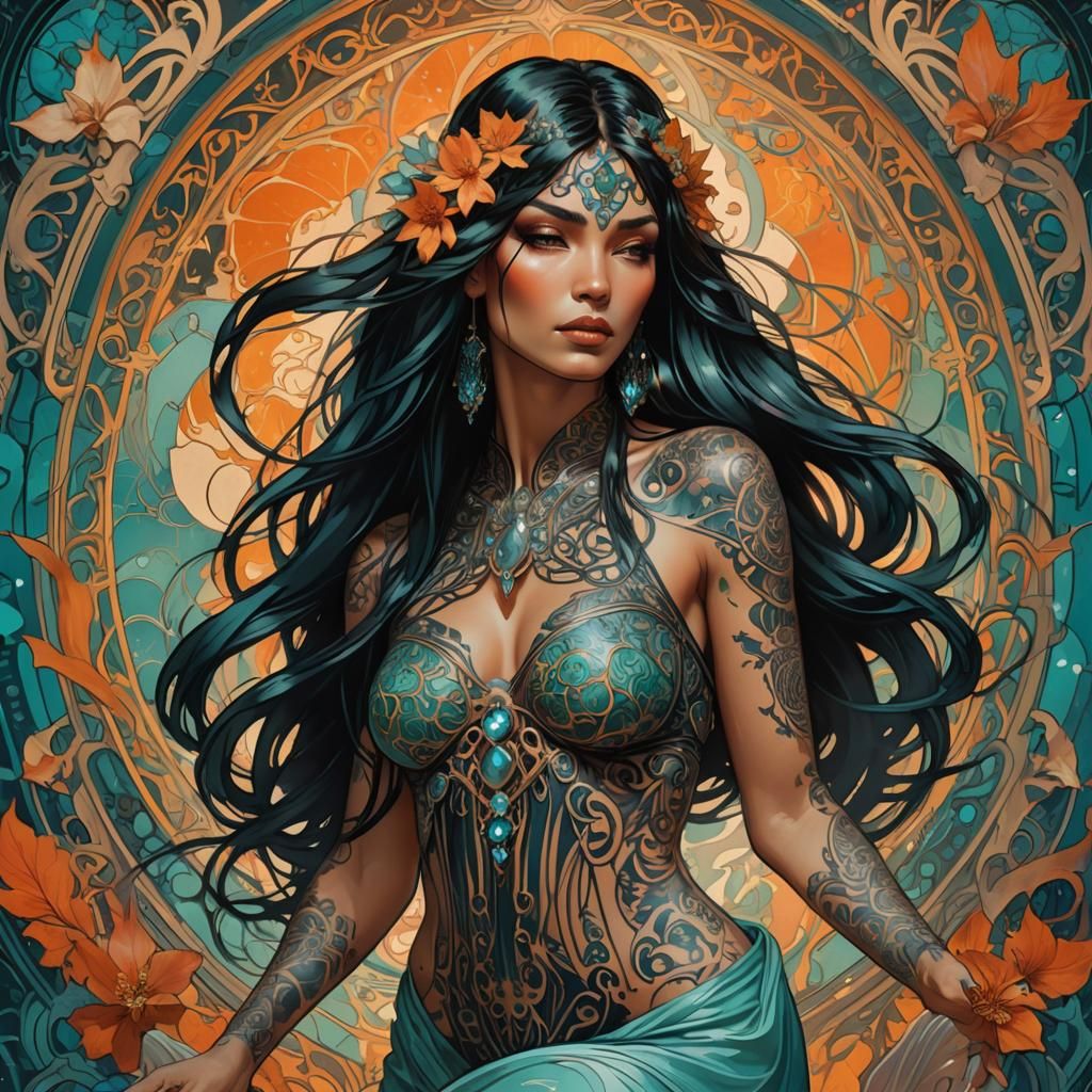 Mystical Tattooed Woman in Art Nouveau Style