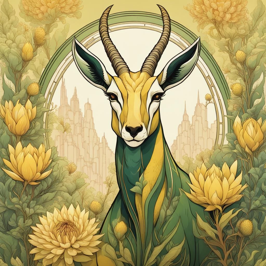 Springbok with Protea Flowers in Art Nouveau Style