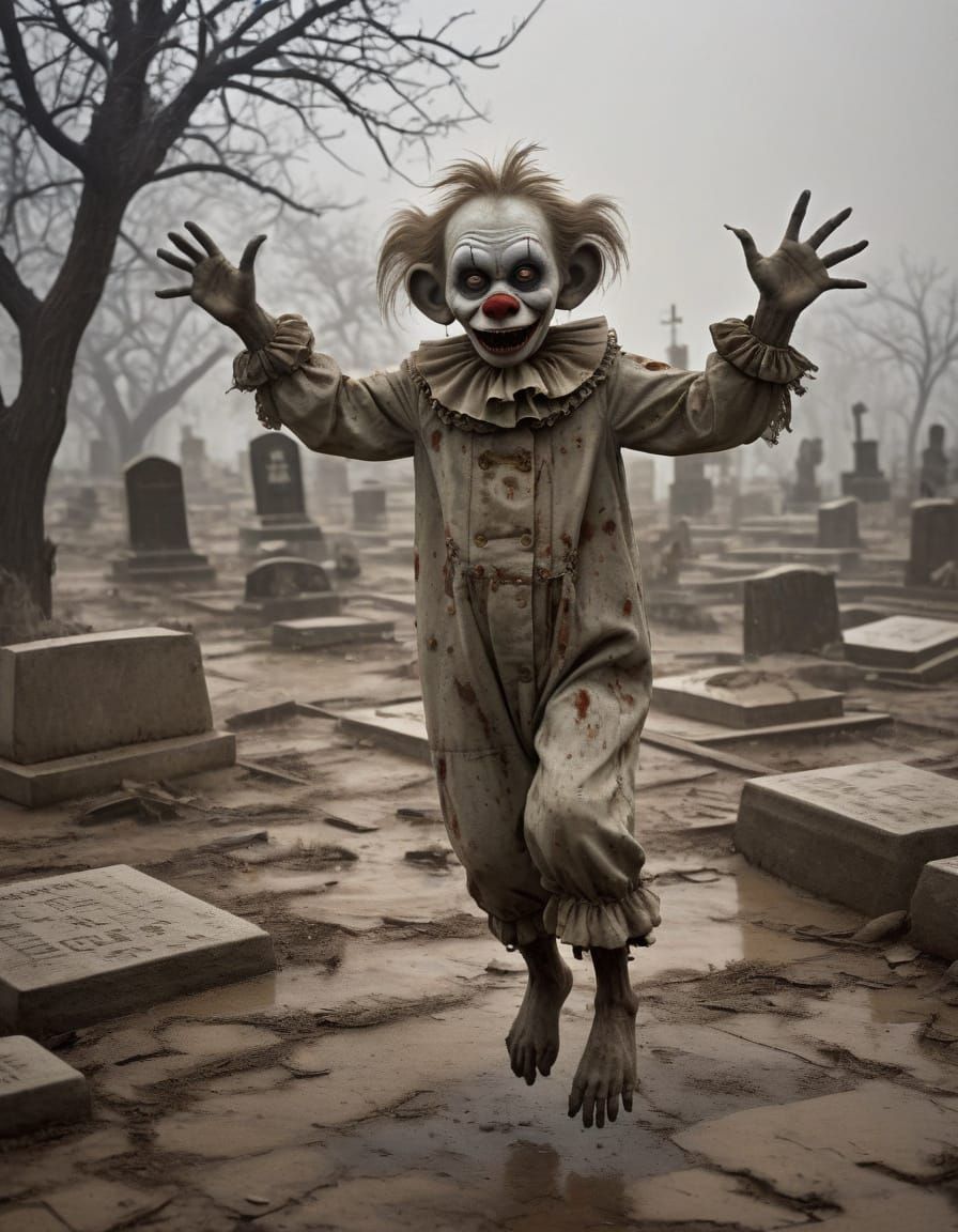 A Lonely Zombie Monkey Monster Clown in a 1930s Cemetery