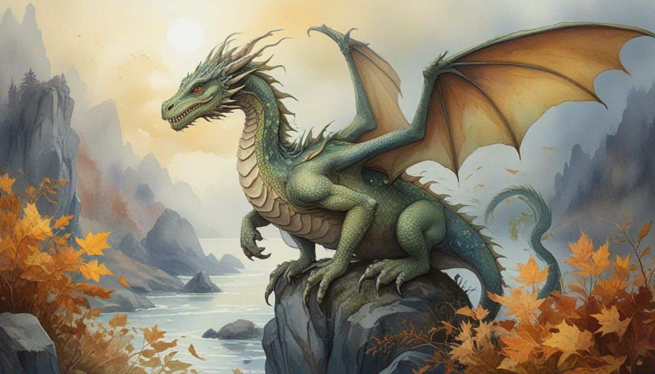 Whimsical Dragon in Autumn Mist, Honalee Landscape