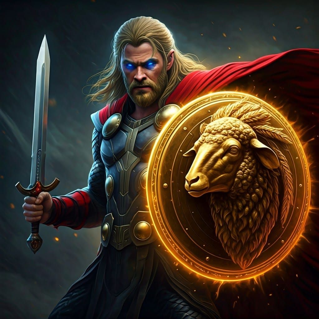 Thor in Epic, Dramatic Fantasy Artwork with Golden Shield