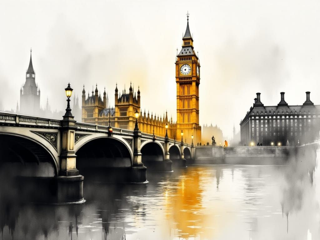 Big Ben in Fog, Expressive Watercolor Painting