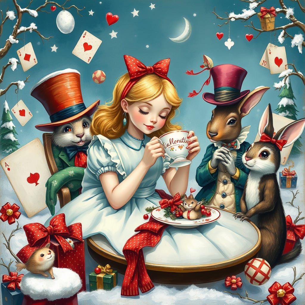 Whimsical Wonderland Christmas Scene in Classic Gouache Styl...