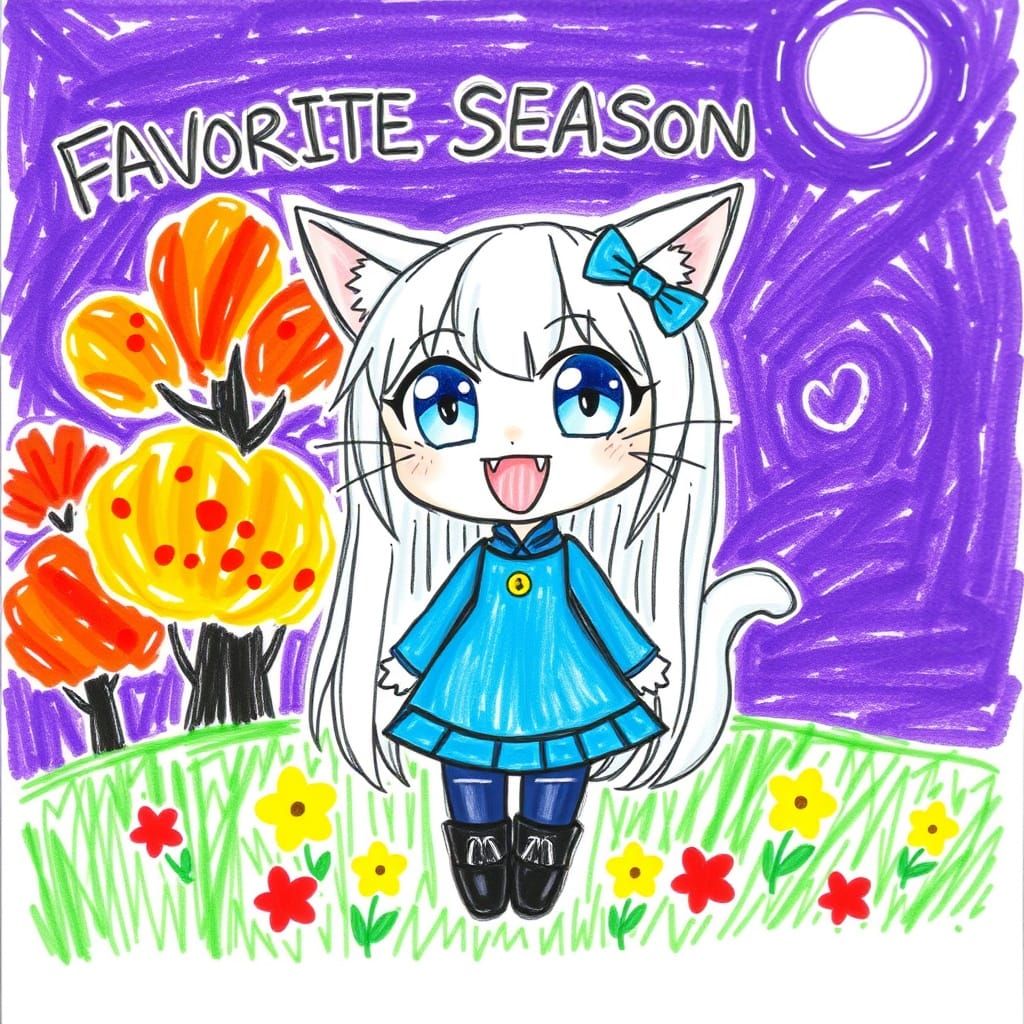 Cute Anime Catgirl Crayon Drawing in Autumn