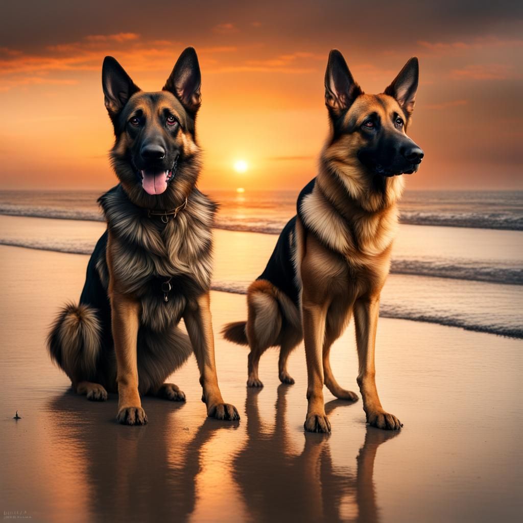 Sunset Beach Scene with German Shepherd and Malinois