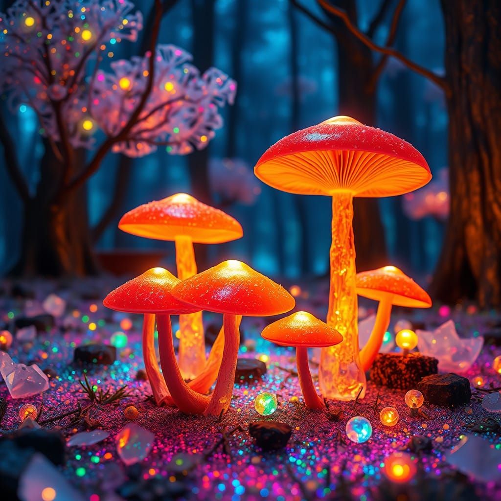 Vibrant Mystical Mushrooms amidst Crystal Forest in Glitteri...