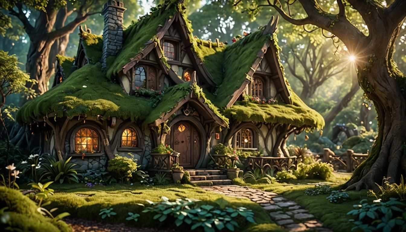 Enchanted Elven Cottage in Forest, Bokeh