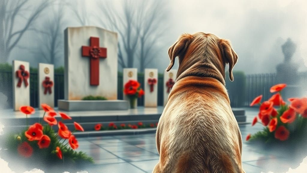 Dog at War Memorial in Rainy Watercolor