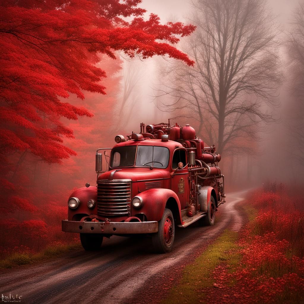 Abandoned Firetruck on Foggy Road