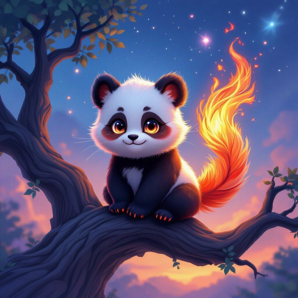Panda Cat Phoenix Perched on Ancient Tree