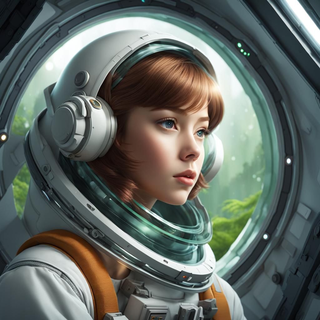 Girl in Spacesuit Gazing at Forest Planet