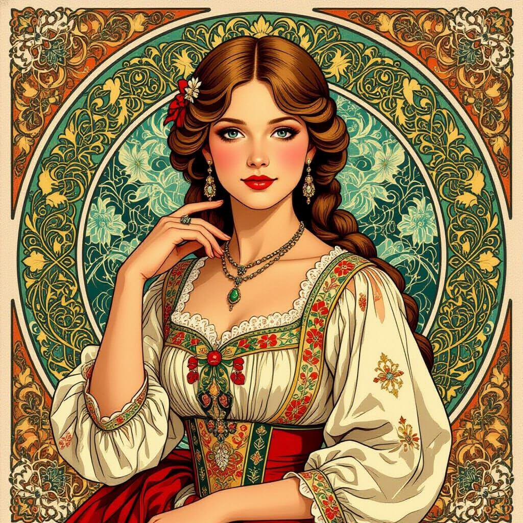 Elegant Russian Girl in Vintage Alphonse Mucha Style
