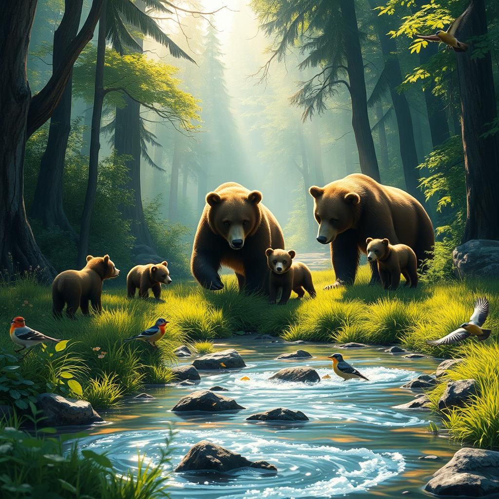 Brown Bear Family in Verdant Forest