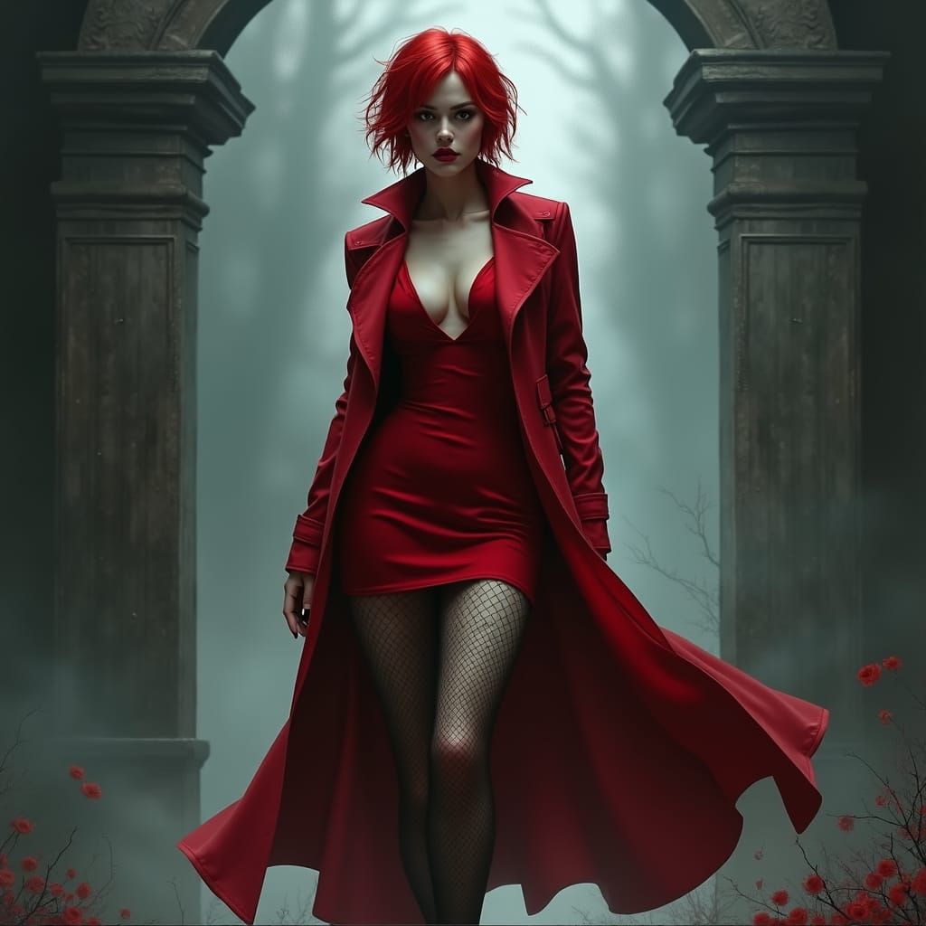 Gothic Vampire in Red Outfit and Fishnets