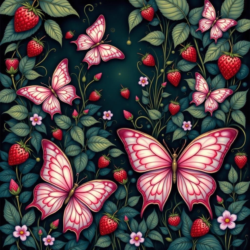 Enchanted Strawberry Garden with Whimsical Butterflies