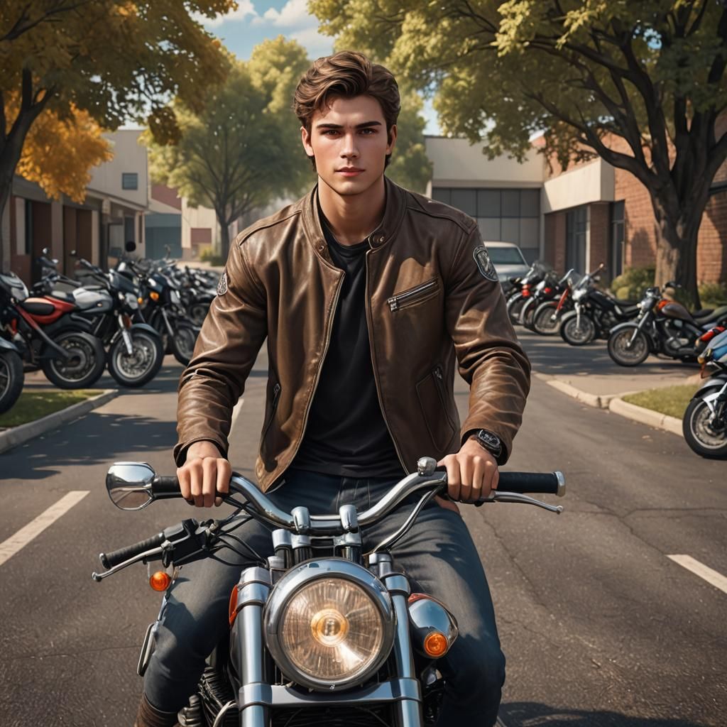 Confident Young Man on Motorcycle: Matte Painting