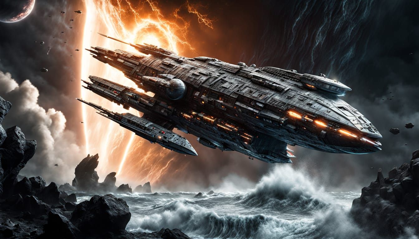 Spaceship in Meteoric Storm: Realistic Sci-Fi Photo