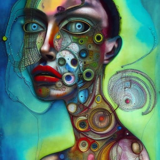 Enraged Woman Portrait in Maximalist Mixed Media Art