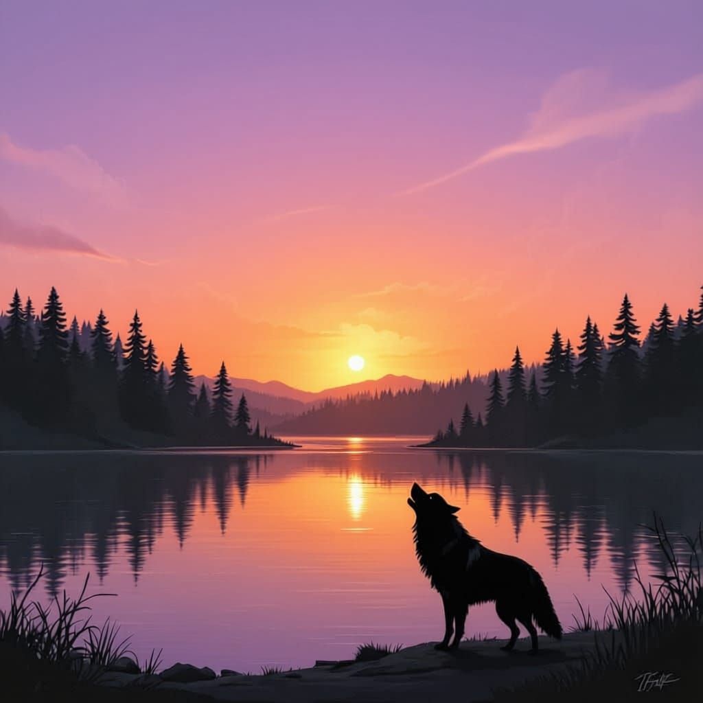 Wolf Howling at Purple Night Sky Over Calm Lake